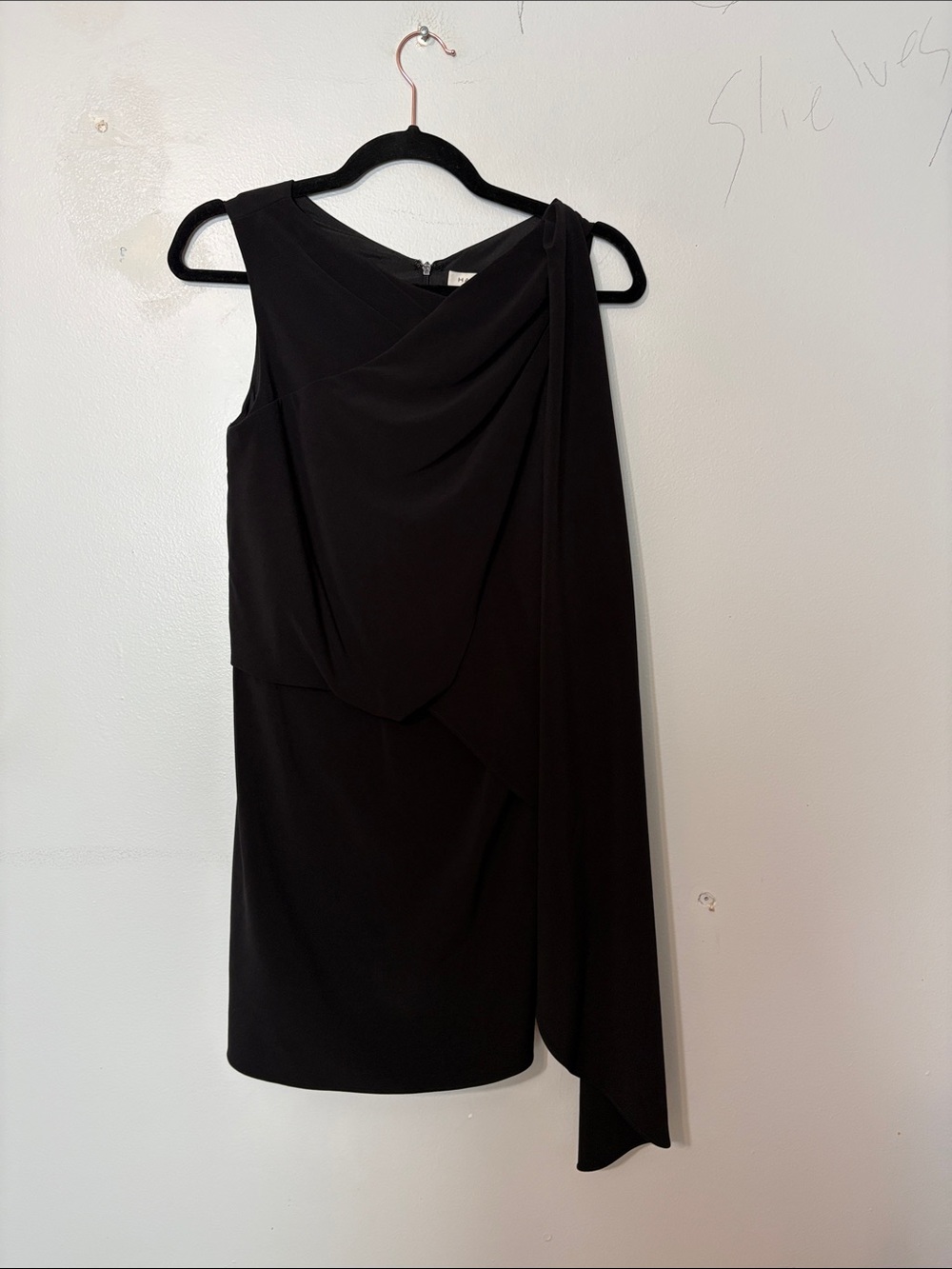 Halston Black Asymmetric Draped Cape Cocktail Mini Dress Size 0 - Picture 2 of 5